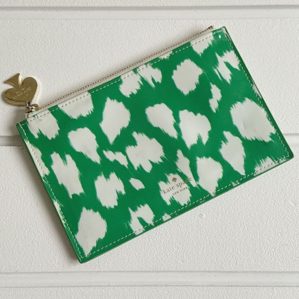 Kate Spade Painterly Cheetah Print Pencil Pouch Lime Green Cream Gold Zipper Top